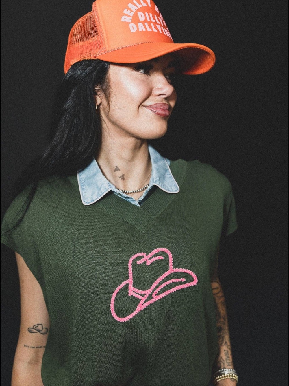 Olive Knit Cowboy Graphic Tank Top with Pink Embroidery